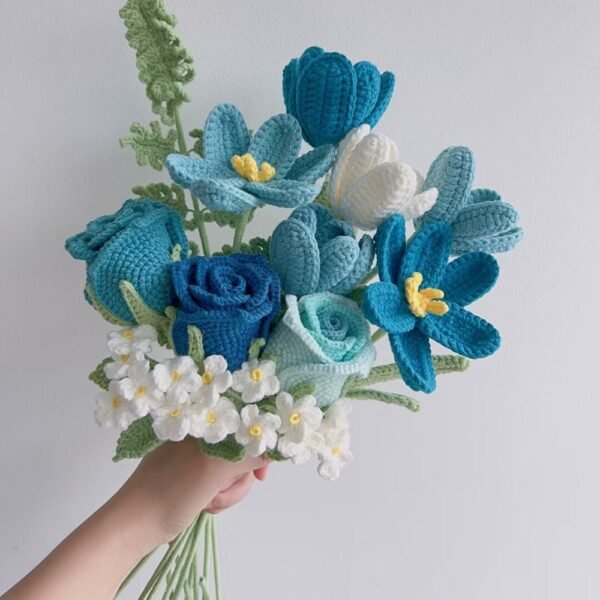 Handmade Crochet Ready Bouquet - Blue Wine Roses and Tulips (11 Pieces)