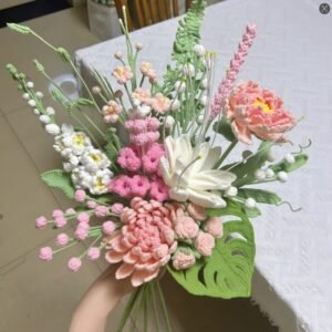 Handmade Crochet Ready Bouquet - Pink  Chrysanthemums and Monstera Leaves (13 Pieces)