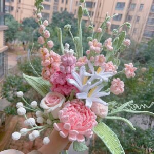 Handmade Crochet Ready Bouquet - Pink  Chrysanthemums and Wine Roses (12 Pieces)