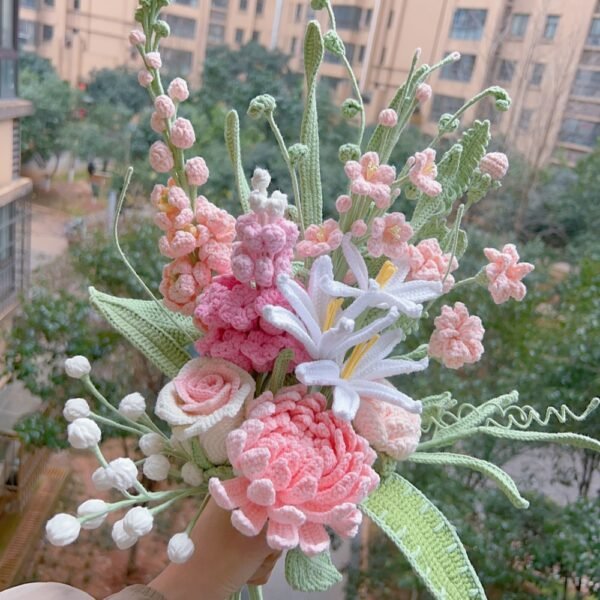 Handmade Crochet Ready Bouquet - Pink  Chrysanthemums and Wine Roses (12 Pieces)