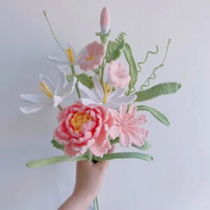 Handmade Crochet Ready Bouquet - Pink Peonies and Lewisias (7 Pieces)
