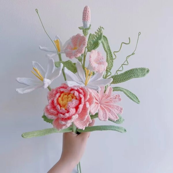 Handmade Crochet Ready Bouquet - Pink Peonies and Lewisias (7 Pieces)