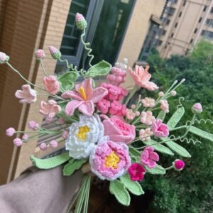 Handmade Crochet Ready Bouquet - Pink Peonies and Wine Roses (13 Pieces)