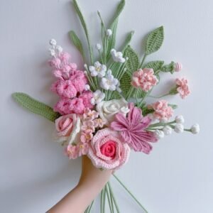 Handmade Crochet Ready Bouquet - Pink Roses and Lewisias (11 Pieces)