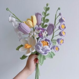 Handmade Crochet Ready Bouquet - Purple Peonies and Tulips (8 Pieces)