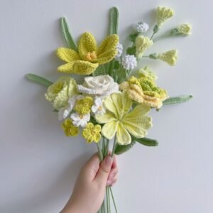 Handmade Crochet Ready Bouquet - Yellow Lewisias and Roses (9 Pieces)